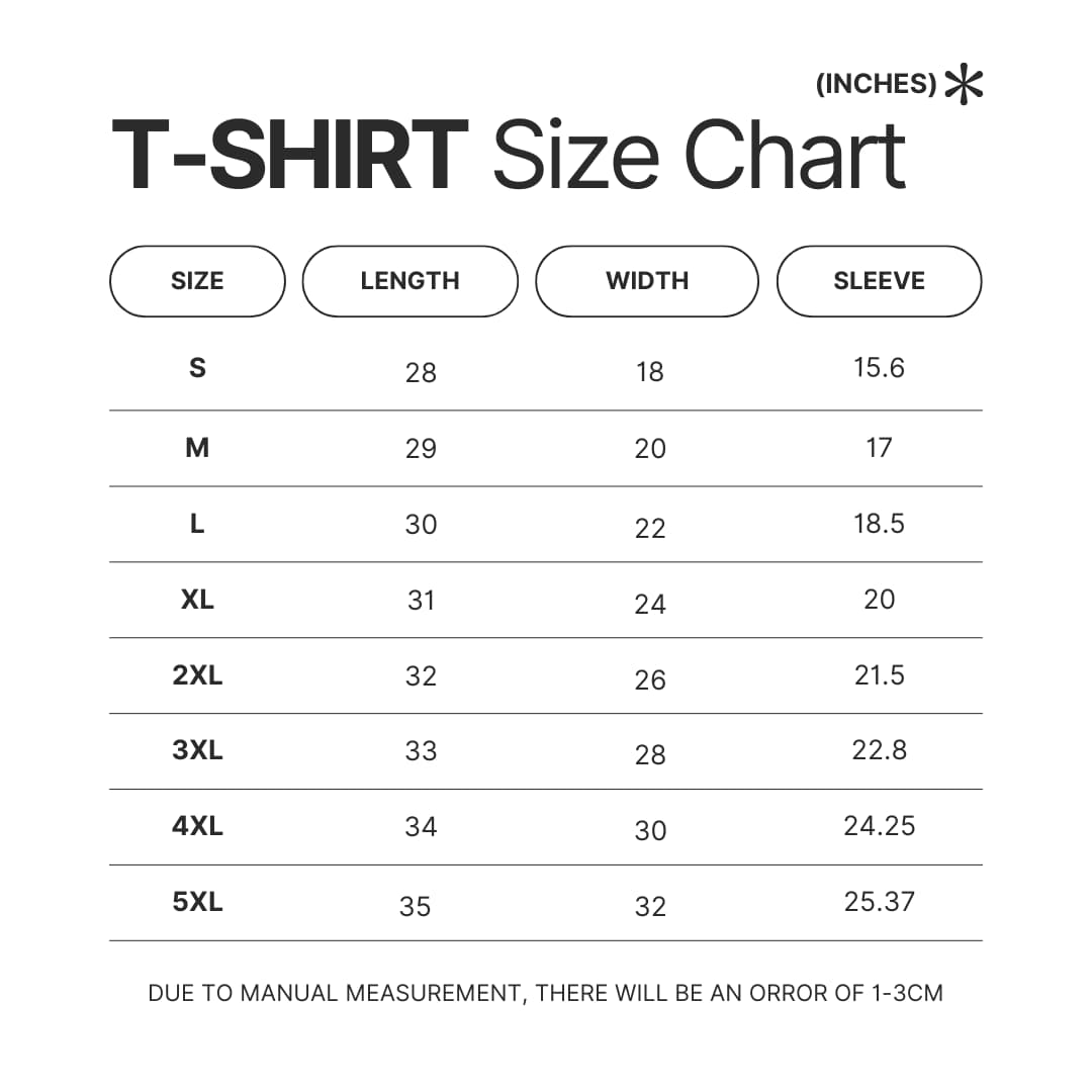 T shirt Size Chart - Chobits Merch